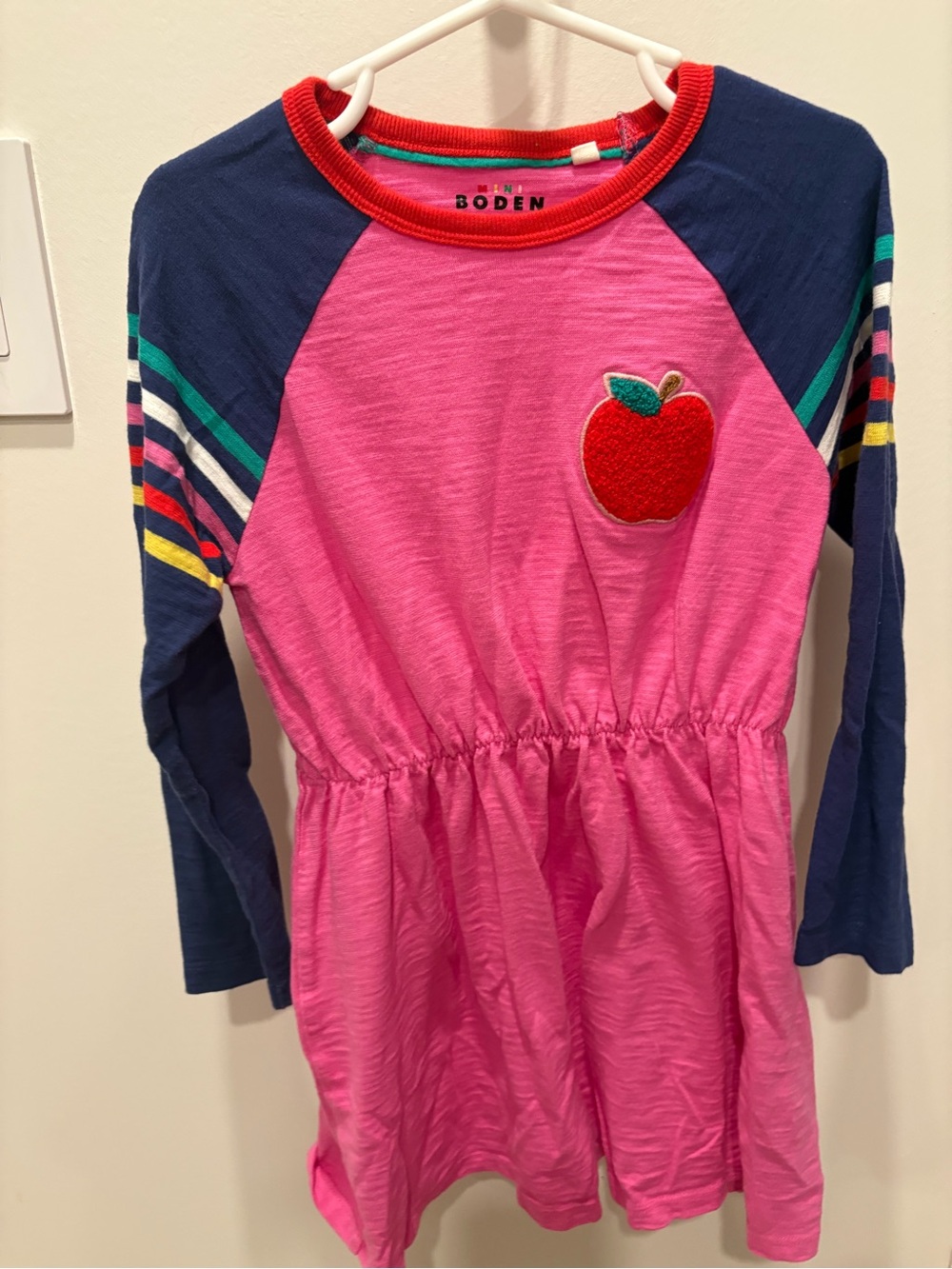 Mini Boden Pink & Navy Long-Sleeve Dress with Red Apple Patch